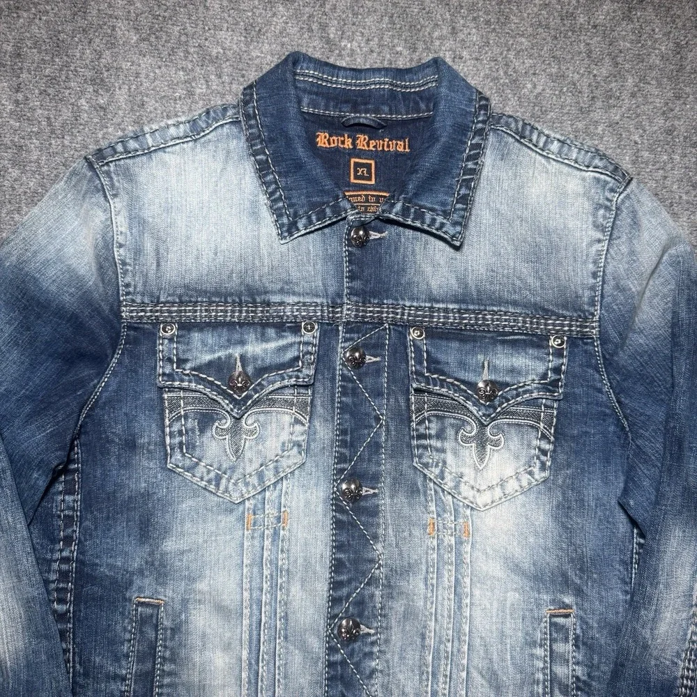 Rock Revival Men XL Jacket Blue Faded Denim Collar Grunge Y2K Biker Distressed